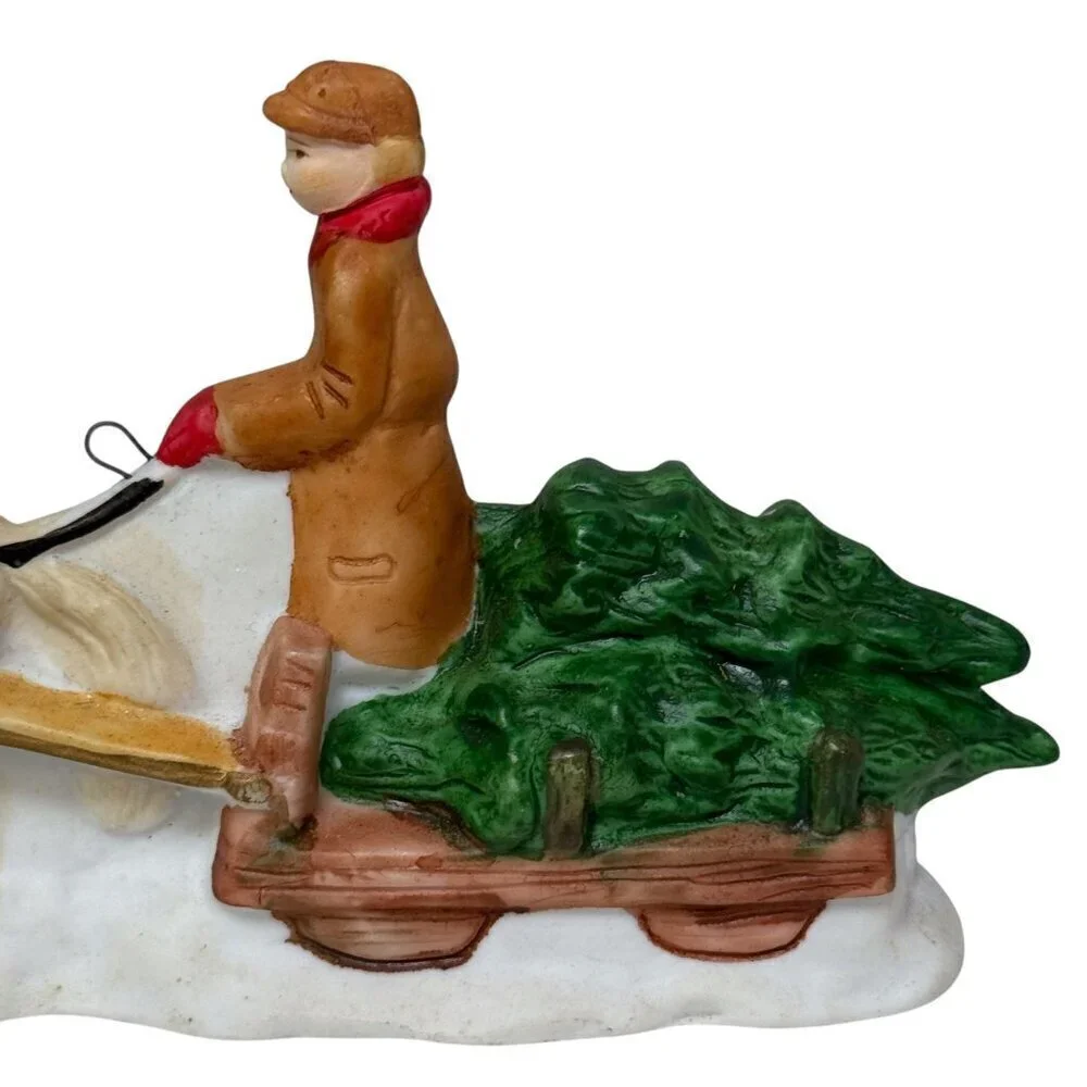 Christmas Village Figurine Miniature Horse and Sleight with Tree Holiday Deco